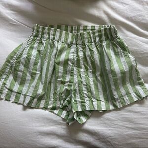 Green and White Striped Women Shorts
